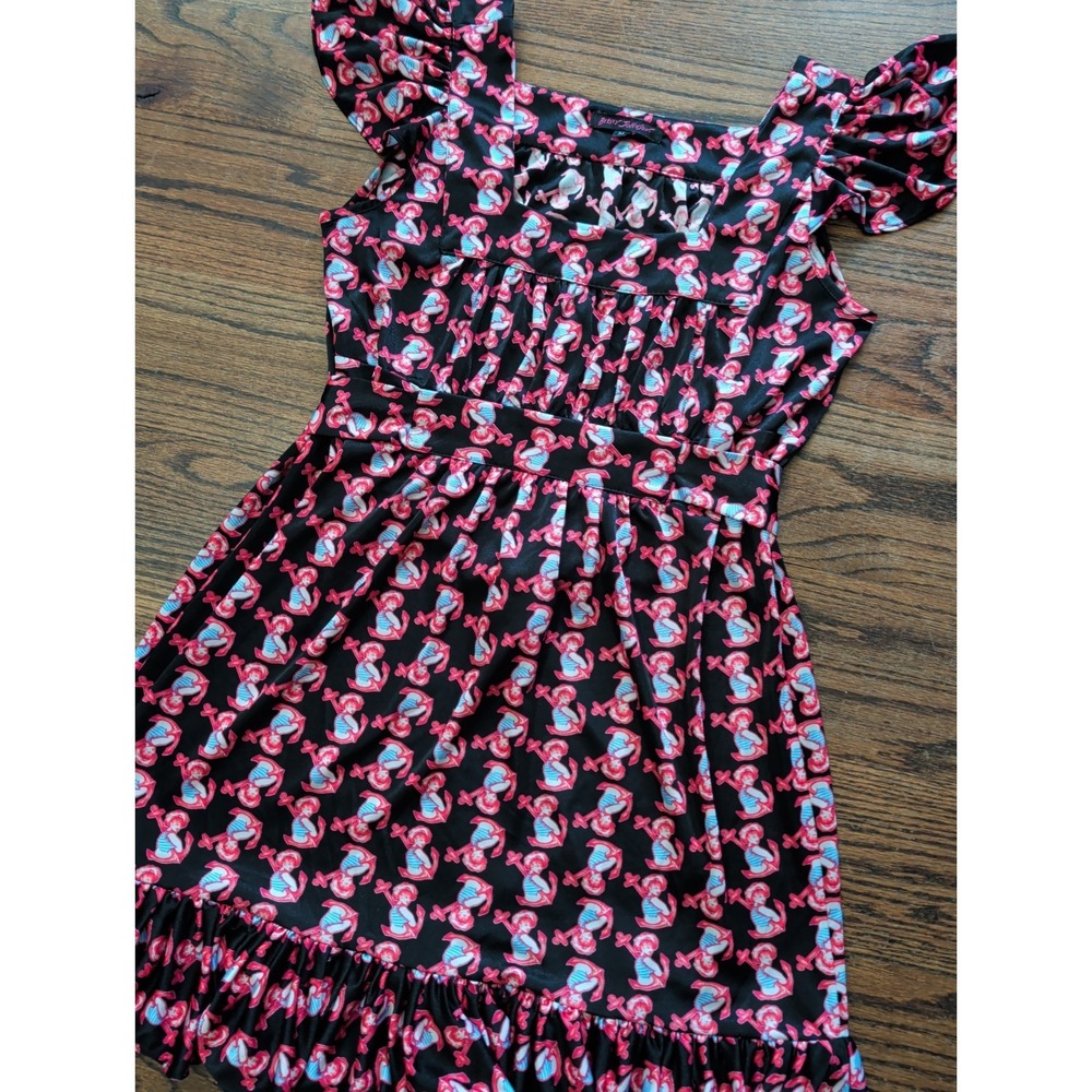 Vintage Betsey Johnson Dress Flutter Sleeve Sailor Anchor Tattoo AOP Pin Up Sz M